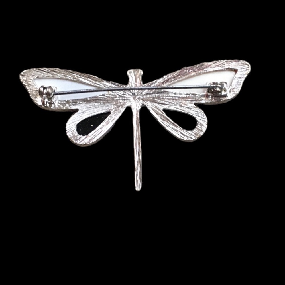 Dragonfly Brooch Pin Silver-tone Black Yellow Wings - Picture 2 of 4